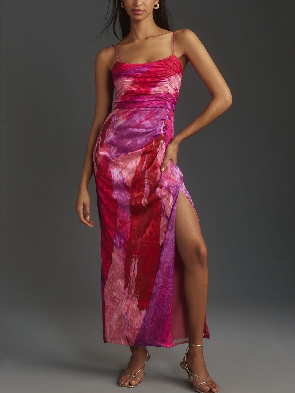 Anthropologie Pink and Red Slip Maxi Dress with Side Slit